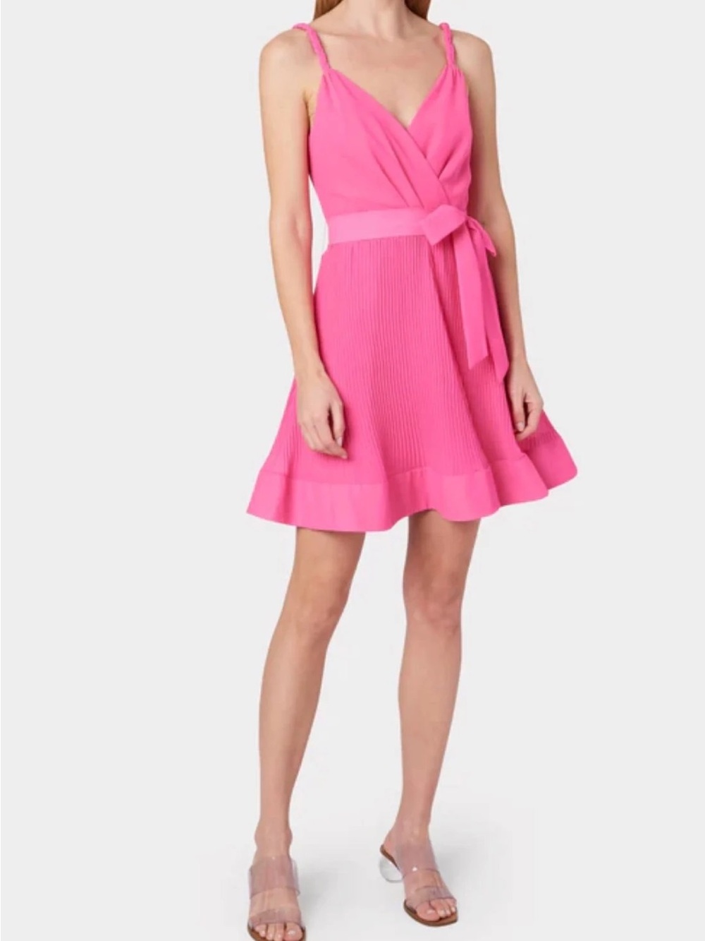 Milly Hot Pink Wrap-Front Pleated Mini Dress